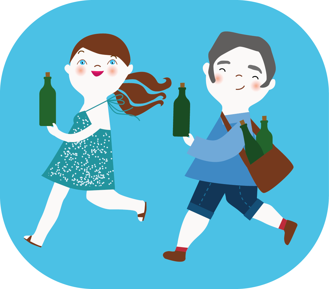 Illustration Ludo courant avec des bouteilles de vin bio